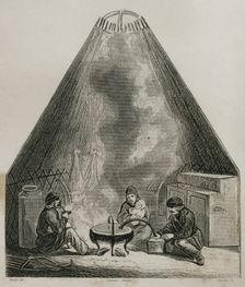 Inside view of a Kalmyk yurt, called gher, Russia, 1839. Creator: Emile Louis Vernier