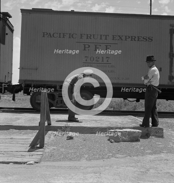 Inspecting a freight train from Mexico for smuggled immigrants, El Paso, Texas, 1938. Creator: Dorothea Lange.