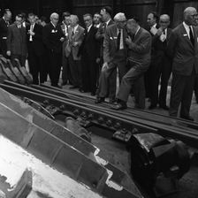 Inspecting a tram junction, made at the Edgar Allen Steel Foundry, Meadowhall, Sheffield, 1962. Creator: Michael Walters