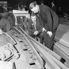 Inspecting a tram junction made at the Edgar Allen Steel Foundry, Meadowhall, Sheffield, 1962. Creator: Michael Walters