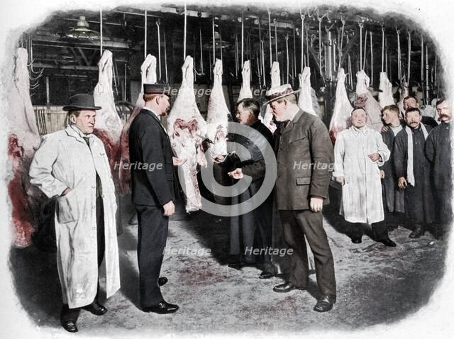 Inspecting meat at Smithfield Market, City of London, c1903 (1903). Artist: Unknown.