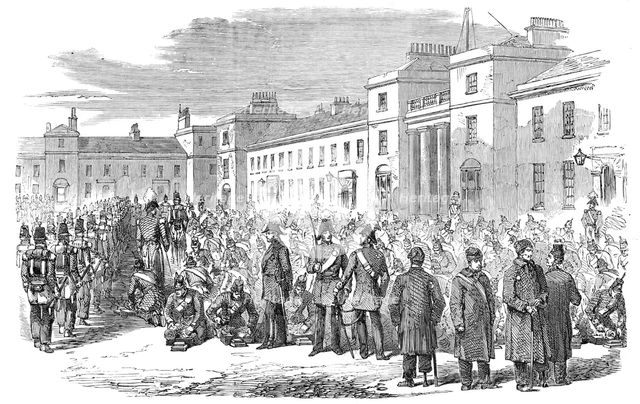 Inspection of the Royal Sappers and Miners at Brompton Barracks, Chatham, by Sir John Burgoyne, 1856 Creator: Unknown.