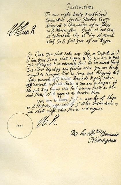 Instructions from William III to Admiral Arthur Herbert, Whitehall, 16th March 1689. Artist: Daniel Finch