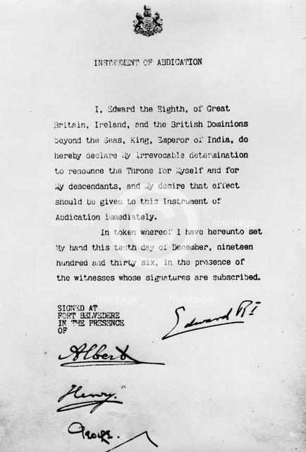 Instrument of Abdication, Fort Belvedere, 10th December 1936.  Creator: Unknown.