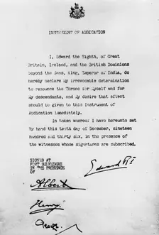 Instrument of Abdication, Fort Belvedere, 10th December 1936. Creator: Unknown