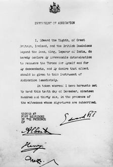 Instrument of Abdication, Fort Belvedere, 10th December 1936. Creator: Unknown