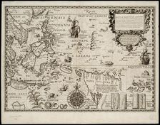 Insulae Moluccae celeberrimae sunt ob maximam aromatum copiam quam per totum terrarum orbem mittunt… Artist: Plancius, Petrus (1552-1622)