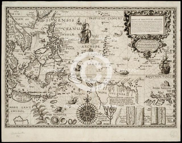 Insulae Moluccae celeberrimae sunt ob maximam aromatum copiam quam per totum terrarum orbem mittunt… Artist: Plancius, Petrus (1552-1622)