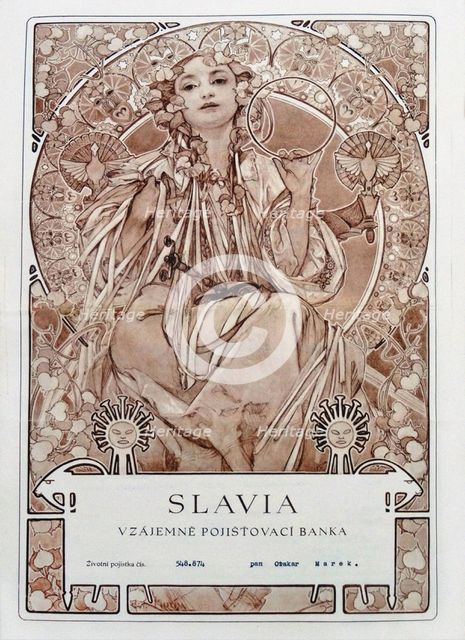 Insurance policy of of Slavia Insurance Company, 1942. Creator: Mucha, Alfons Marie (1860-1939).