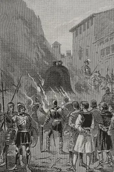 Insurgents forced to drink the molten liquid of the bells as a punishment, 1348, (1890). Creator: Joan Serra y Pausas