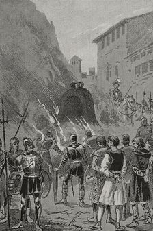 Insurgents forced to drink the molten liquid of the bells as a punishment, 1348, (1890). Creator: Joan Serra y Pausas