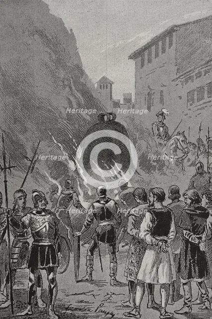 Insurgents forced to drink the molten liquid of the bells as a punishment, 1348, (1890).  Creator: Joan Serra y Pausas.