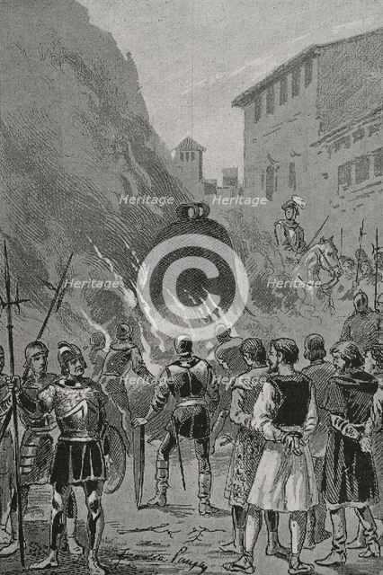 Insurgents forced to drink the molten liquid of the bells as a punishment, 1348, (1890).  Creator: Joan Serra y Pausas.