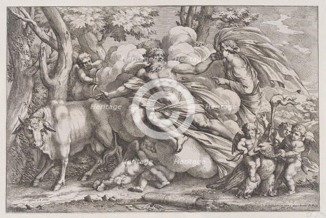 Io at the left as a cow, Jupiter on a cloud in the centre and Juno at the right with pu..., 1650-90. Creator: Pietro Santi Bartoli.