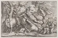 Io at the left as a cow, Jupiter on a cloud in the centre and Juno at the right with pu..., 1650-90. Creator: Pietro Santi Bartoli