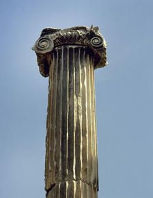 Ionic order, capital with voluta and column, Pergamon, Aeolis, Turkey, 1999. Creator: Unknown