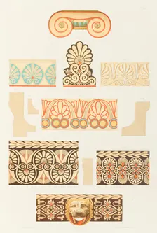 Ionic marble capital, antefix and cymaises in marble and terracotta, discovered in Athens, 1846. Creator: Hubert Roux