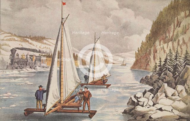 Ice-Boat Race on the Hudson, pub. C. 1855, Currier & Ives (Colour Lithograph) 