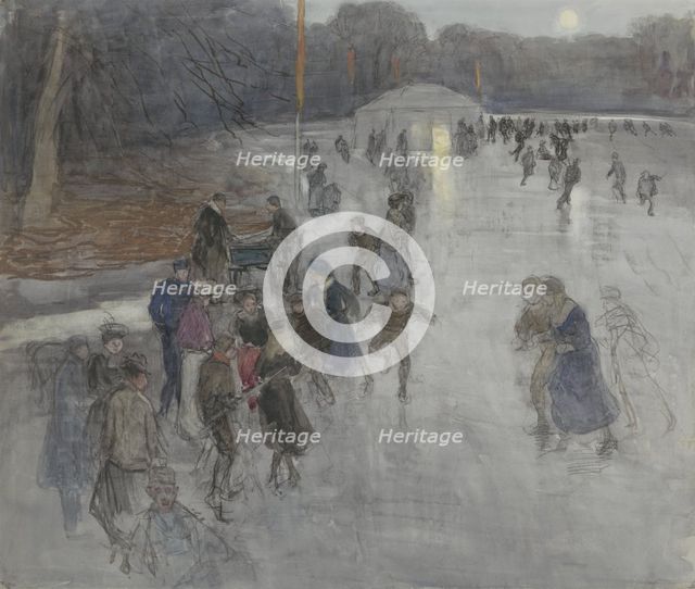 Ice entertainment by moonlight, on a frozen pond in Bosch in The Hague, 1874-1927. Creator: Johan Antonie de Jonge.