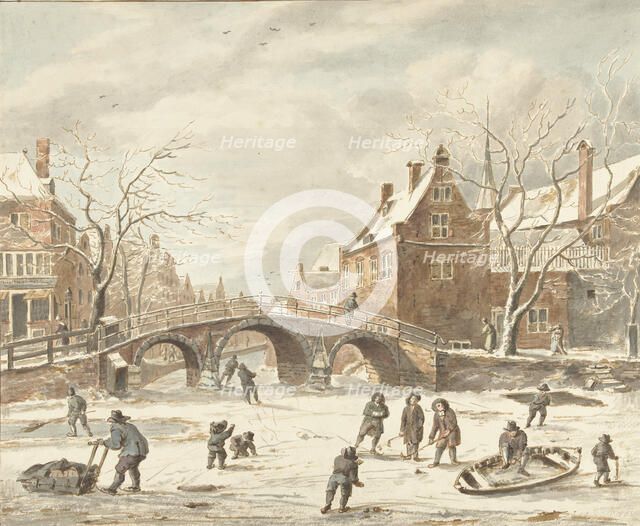 Ice fun on the corner of Spui and Nieuwezijds Voorburgwal, 1773-1838. Creators: Anthonie van den Bos, Jan van Kessel.
