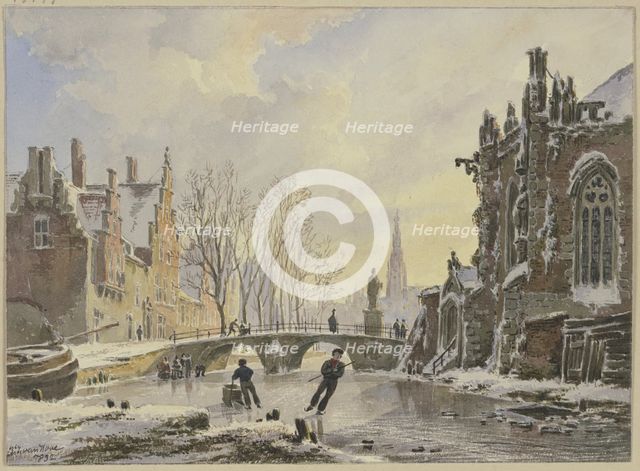 Ice skaters on a canal in Amsterdam, 1832. Creator: Bartholomeus Johannes van Hove.