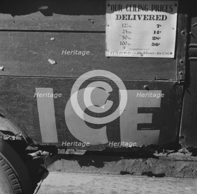 Ice truck with ceiling prices listed on the side, Daytona Beach, Florida, 1943. Creator: Gordon Parks.