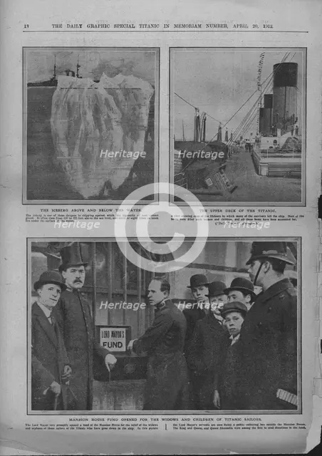 Iceberg, upper deck of the 'Titanic', and Mansion House fund, April 20, 1912. Creator: Unknown.