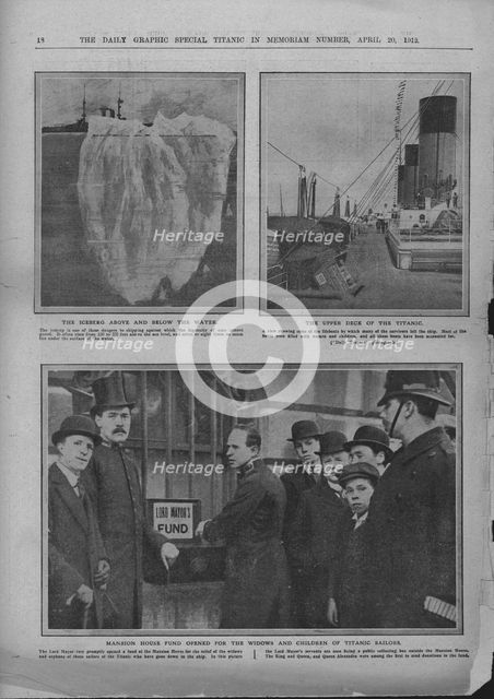 Iceberg, upper deck of the 'Titanic', and Mansion House fund, April 20, 1912. Creator: Unknown.