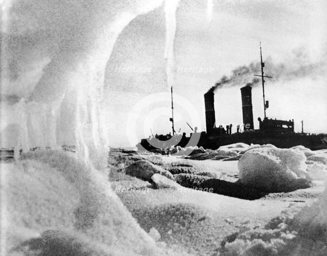 Icebreaker Krasin among ice floes of the Arctic Ocean, 1936.