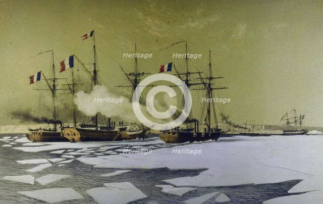 Icebreaking in the Dnieper Liman for the passage of Floating batteries, 1855-1856, 1860. Artist: Morel-Fatio, Antoine Léon (1810-1871)