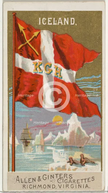 Iceland, from Flags of All Nations, Series 2 (N10) for Allen & Ginter Cigarettes Brands, 1890. Creator: Allen & Ginter.