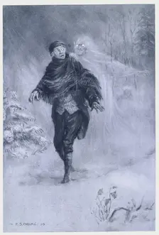 Ichabod Crane imagining a phantom at his shoulder, 1899. Creator: Frederick Simpson Coburn