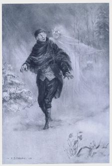 Ichabod Crane imagining a phantom at his shoulder, 1899. Creator: Frederick Simpson Coburn