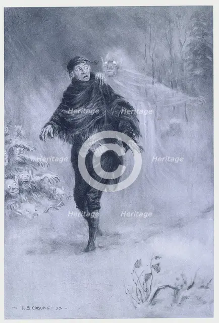 Ichabod Crane imagining a phantom at his shoulder, 1899.  Creator: Frederick Simpson Coburn.