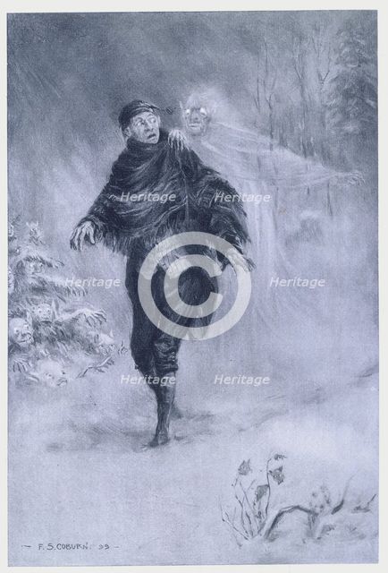 Ichabod Crane imagining a phantom at his shoulder, 1899.  Creator: Frederick Simpson Coburn.