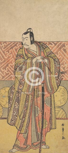 Ichikawa Danjuro V as Kudo Suketsune, Richly Attired, Leaning on His Sword, late 18th century. Creator: Shunsho.