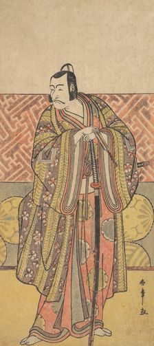 Ichikawa Danjuro V as Kudo Suketsune, Richly Attired, Leaning on His Sword, late 18th century. Creator: Shunsho