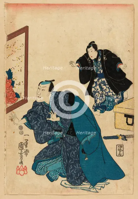 Ichikawa Danjuro VII before a screen decorated with peonies, c. 1847/52. Creator: Utagawa Kuniyoshi.