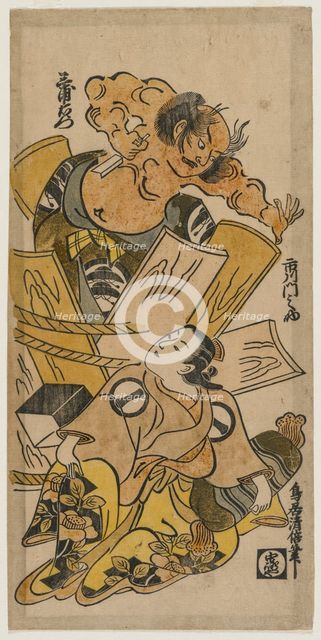 Ichikawa Monnosuke as a Courtesan and Nakajima Mioemon Bursting Out of a Barrel, c.early 1720s. Creator: Torii Kiyomasu (Japanese).