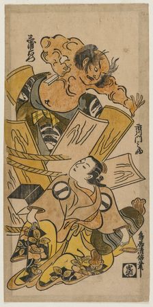 Ichikawa Monnosuke as a Courtesan and Nakajima Mioemon Bursting Out of a Barrel, c.early 1720s. Creator: Torii Kiyomasu (Japanese)