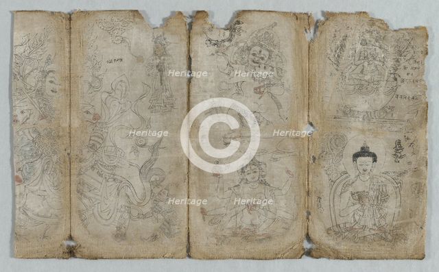 Iconographic Drawing: Vaishravana, Yama, Vsnisavijaya, Tara and Buddha (recto), c. 1500. Creator: Unknown.