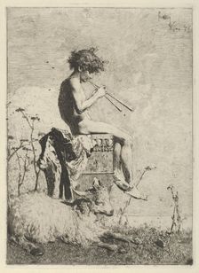 Idyll: a naked youth seated outdoors on a plinth playing a double flute, a goat on the gro..., 1865. Creator: Mariano Jose Maria Bernardo Fortuny y Carbo