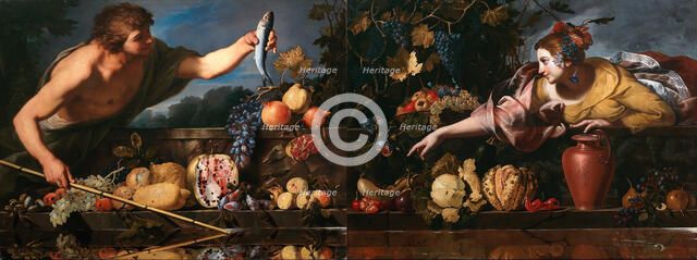 Idyll at the fountain basin (still life with male figure and still life with..., c.1655-1658. Creator: Maestro S. B. (active 1633-1655).