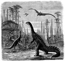 Ideal Jurassic landscape in America, 1884. Creator: Othniel Charles Marsh