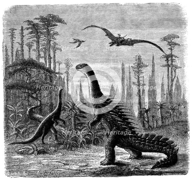 Ideal Jurassic landscape in America, 1884. Creator: Othniel Charles Marsh.
