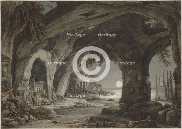Ideal landscape with rock grotto, tombs and ruins in the moonlight, c. 1790. Creator: Kobell, Franz Innocenz Josef (1749-1822).