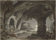 Ideal landscape with rock grotto, tombs and ruins in the moonlight, c. 1790. Creator: Kobell, Franz Innocenz Josef (1749-1822)