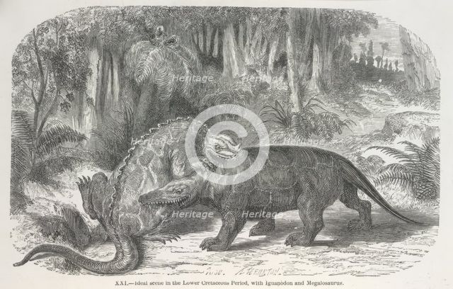 'Ideal scene in the Lower Cretaceous period, with Iguanodon and Megalosaurus', 1865.  Creator: Unknown.