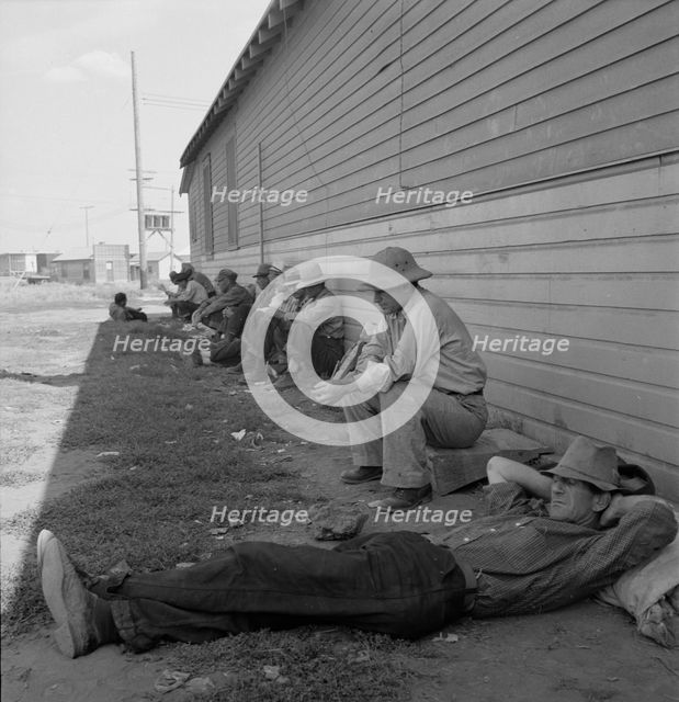 Idle men seated in shade on the other side of..., Tulelake, Siskiyou County, California, 1939. Creator: Dorothea Lange.