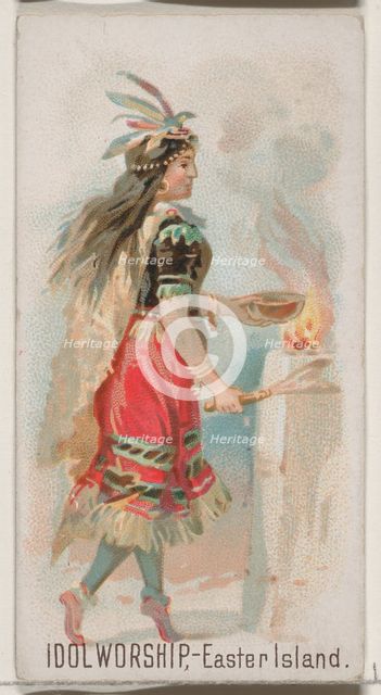 Idol Worship, Easter Island, from the Holidays series (N80) for Duke brand cigarettes, 1890., 1890. Creator: George S. Harris & Sons.